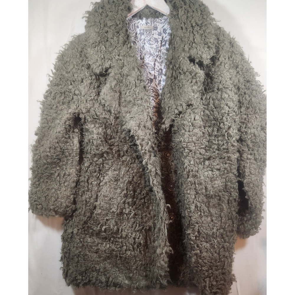 Ecote Urban Outfitters Olive‎ Green Faux Fur Teddy Coat Paisley Lining Small